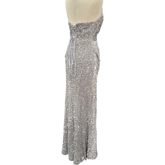 NWT Silver Strapless Sequin Evening Gown with Corset Back on Velvet Fabric - Picture 4 of 13